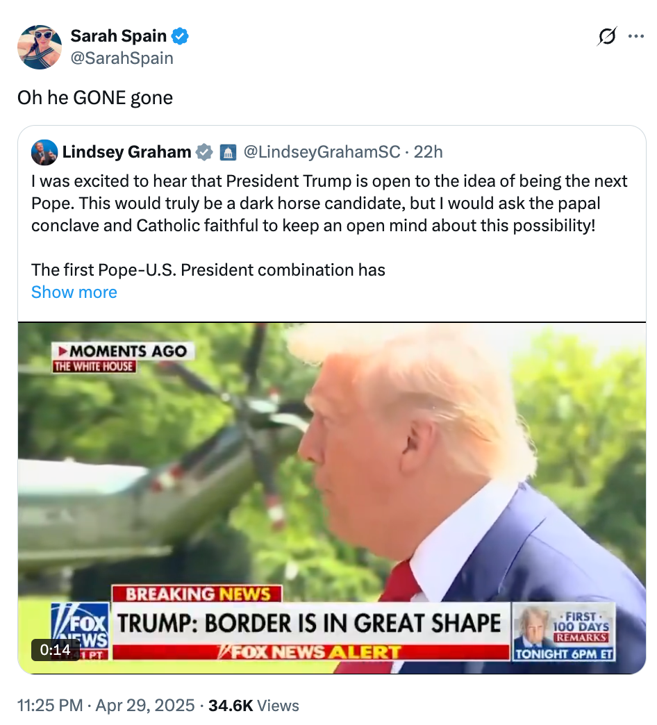 Tweet from Sarah Spain commenting on a screenshot. The screenshot features a news segment with a chyron reading "TRUMP: BORDER IS IN GREAT SHAPE."