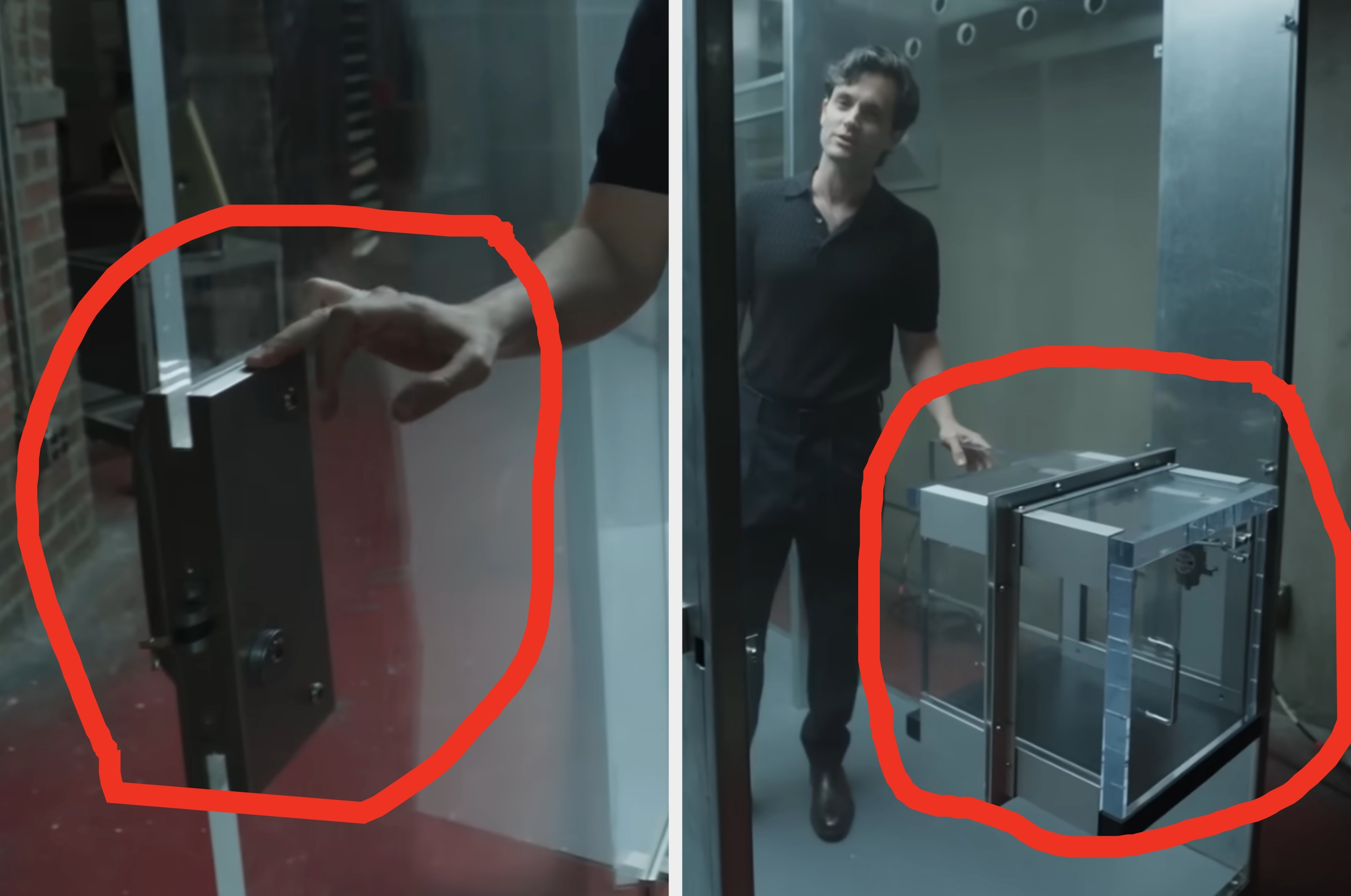 A person in a dark shirt stands near a transparent lockbox setup, appearing to demonstrate or examine it