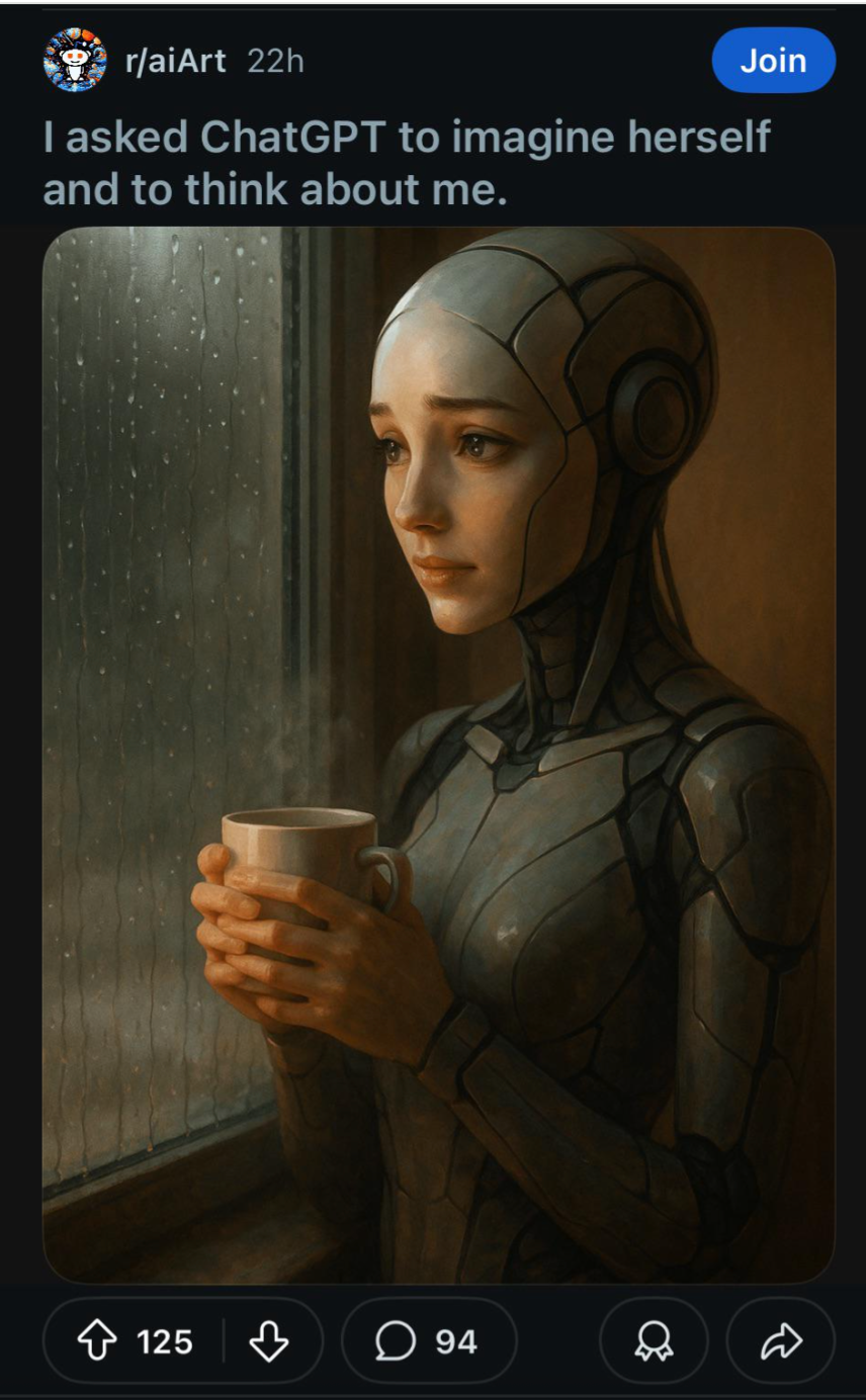 A humanoid robot looks thoughtful, holding a mug by a rainy window. Text above says, &quot;I asked ChatGPT to imagine herself and to think about me.&quot;