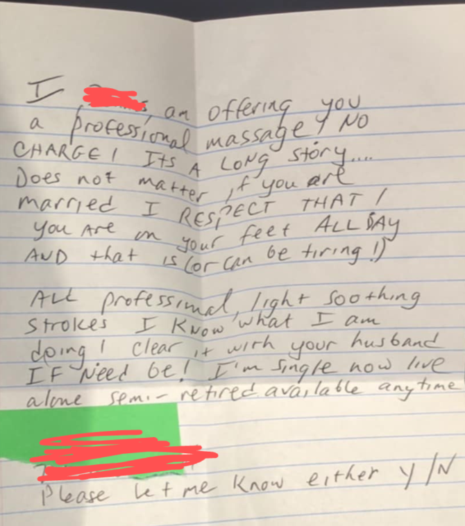 A handwritten letter offers a free professional massage, emphasizing respect for marital status and availability as a semi-retired individual