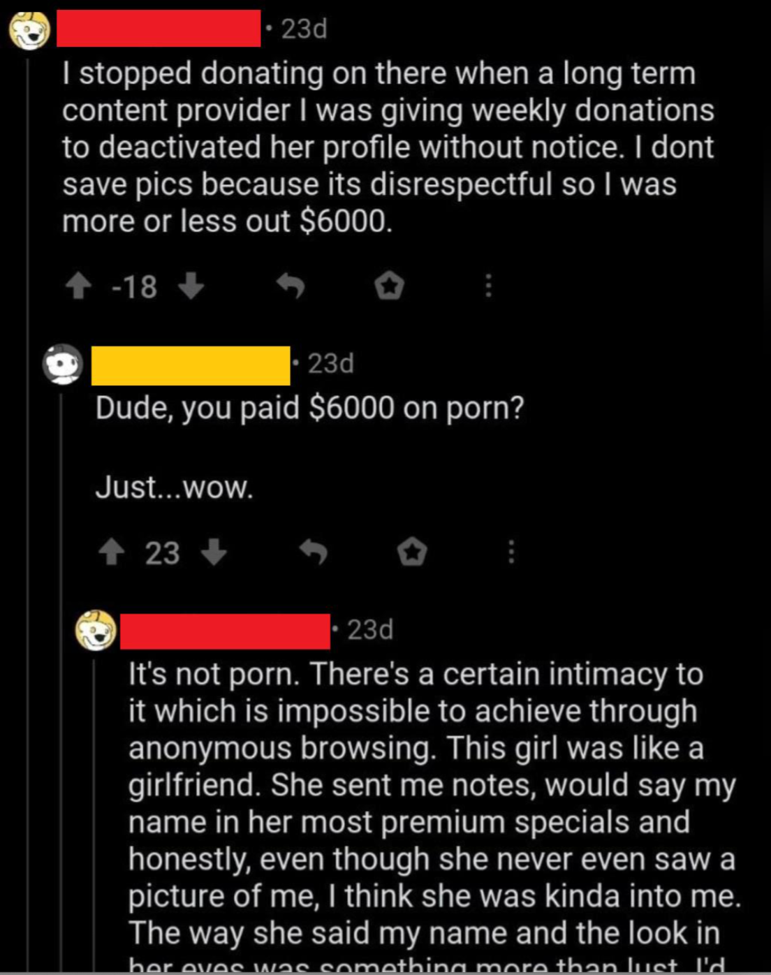 A discussion about spending $6000 on a content provider, clarifying it was for a genuine connection, not explicit content