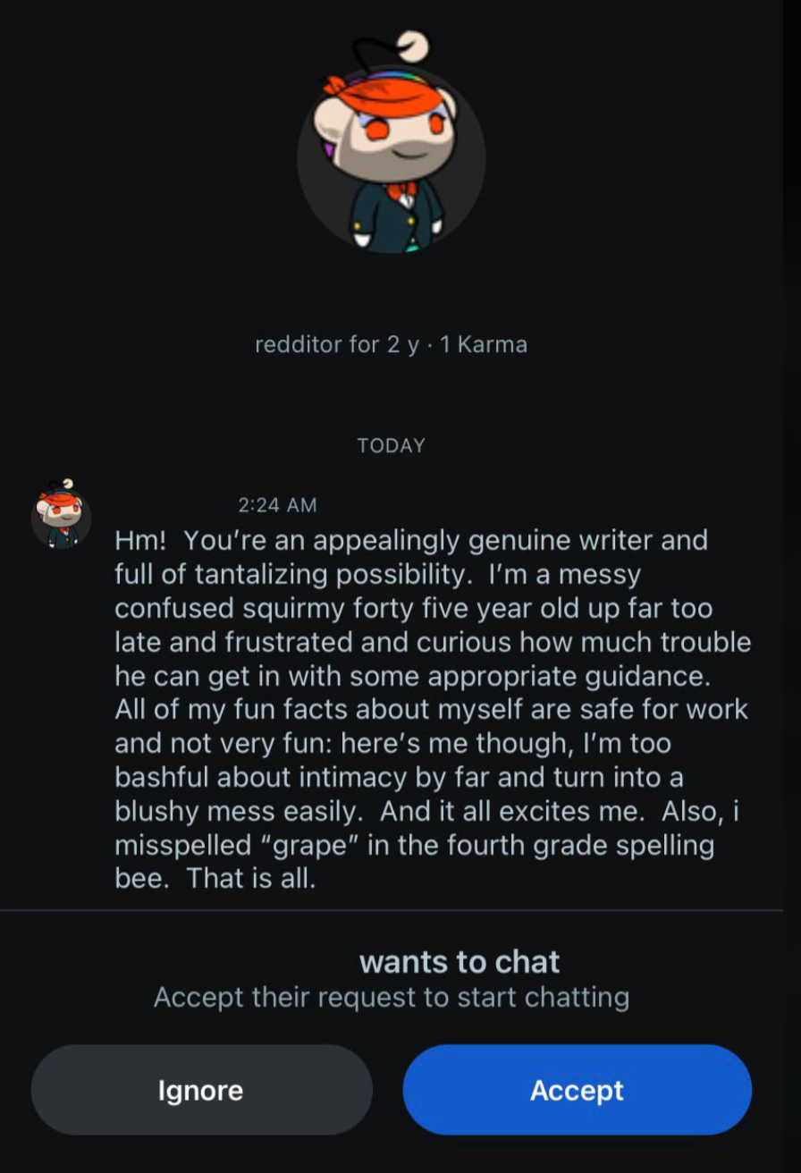 Message from a user named &quot;redditor for 2y&quot; expressing admiration and personal anecdotes, mentioning being a nervous fifth-grader