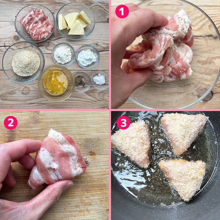 調理手順: フライパン料理を準備、三角形に揚げる過程。