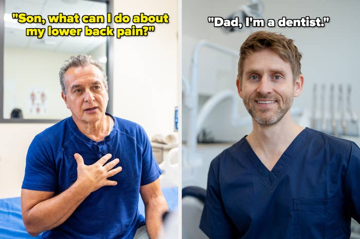 Two images: Man asks son about back pain. Son, in dental scrubs, replies he's a dentist
