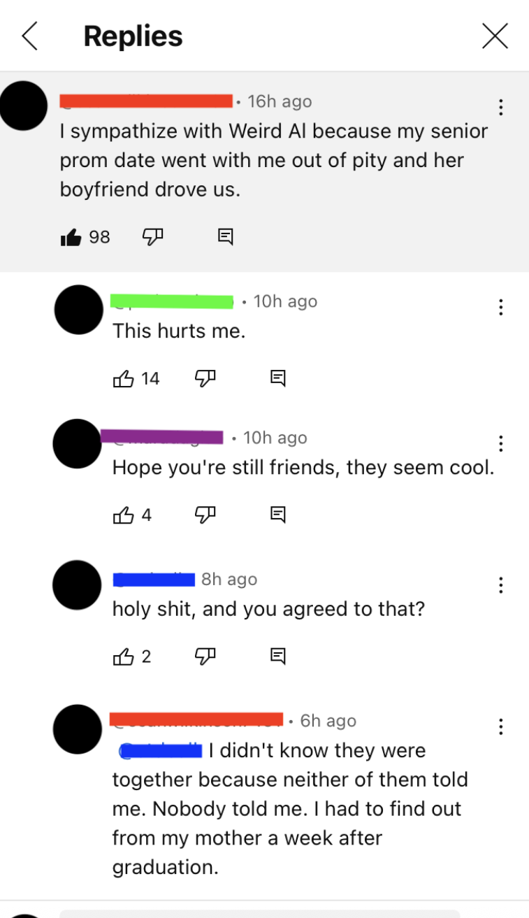 Text exchange about a senior prom date story, revealing the date went out of pity and her boyfriend drove them