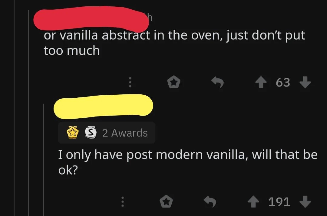 A humorous exchange about using "post modern vanilla" in a recipe instead of regular vanilla, with users reacting positively
