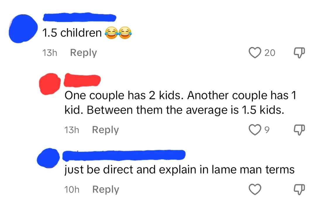 A social media exchange discussing the concept of averaging 1.5 children using two families as an example, with humorous emojis and comments