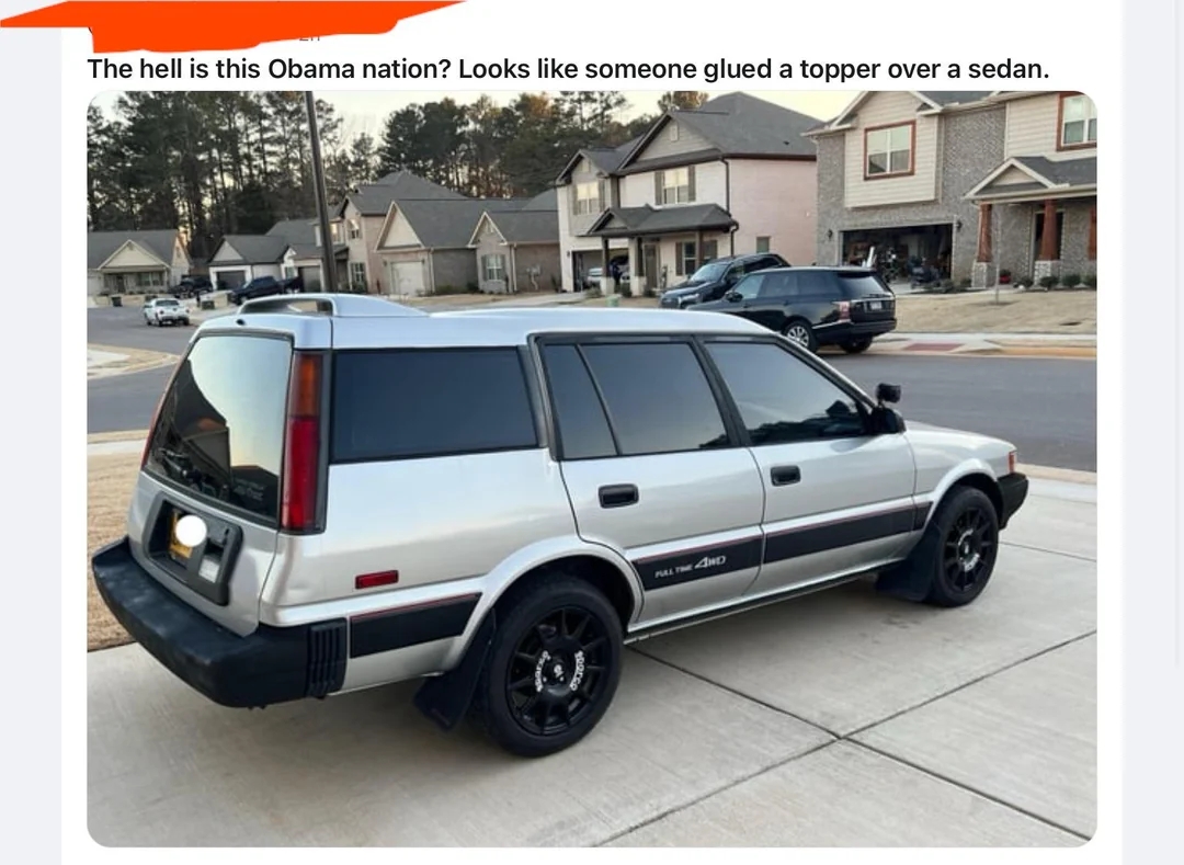 Station wagon with modified rear, resembling a sedan with a topper. Text above jokes about the unusual vehicle design. Suburban neighborhood background