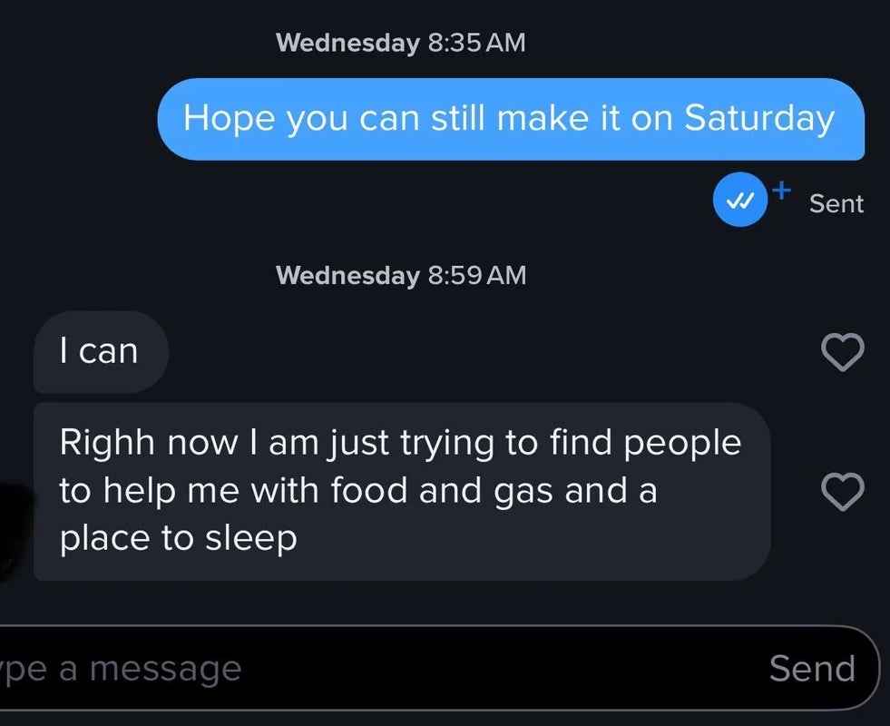 Text conversation about struggling with money, not having food or gas, and staying in a car. Ends with hope to meet on Saturday