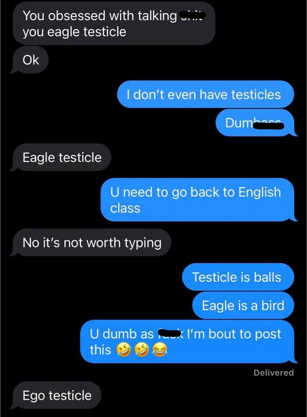 Text exchange with humorous insults and misspellings between two people, ending with one saying they're about to post it online