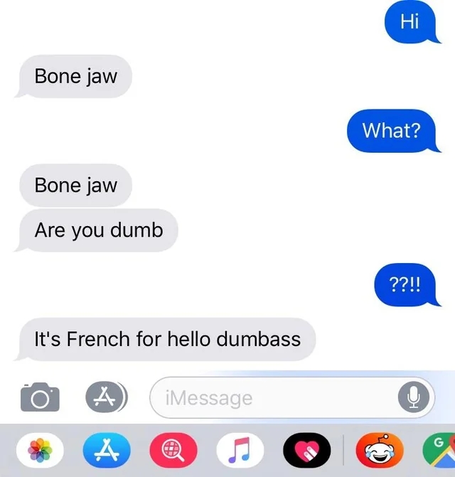 Text conversation where "bone jaw" is humorously mistaken for the French phrase "bonjour" meaning "hello."