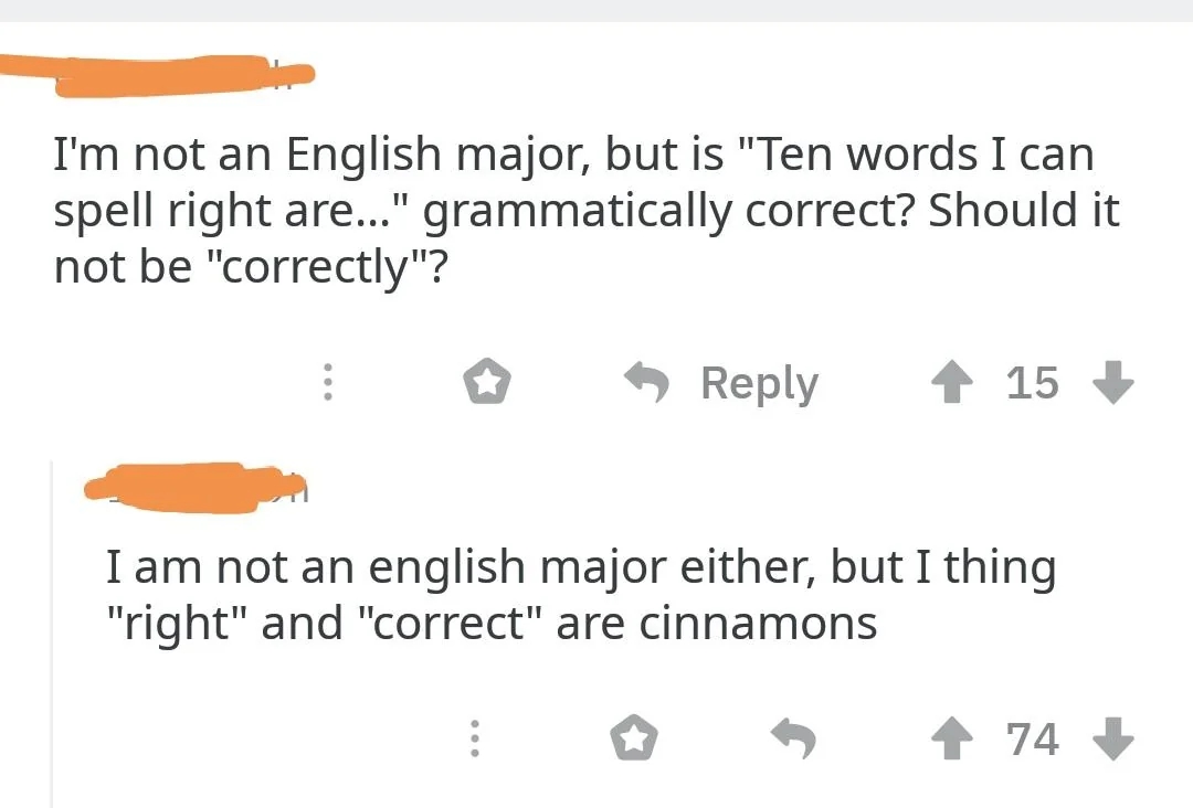 Social media post about grammar, highlighting humor in the misuse of "cinnamon" instead of "synonyms."