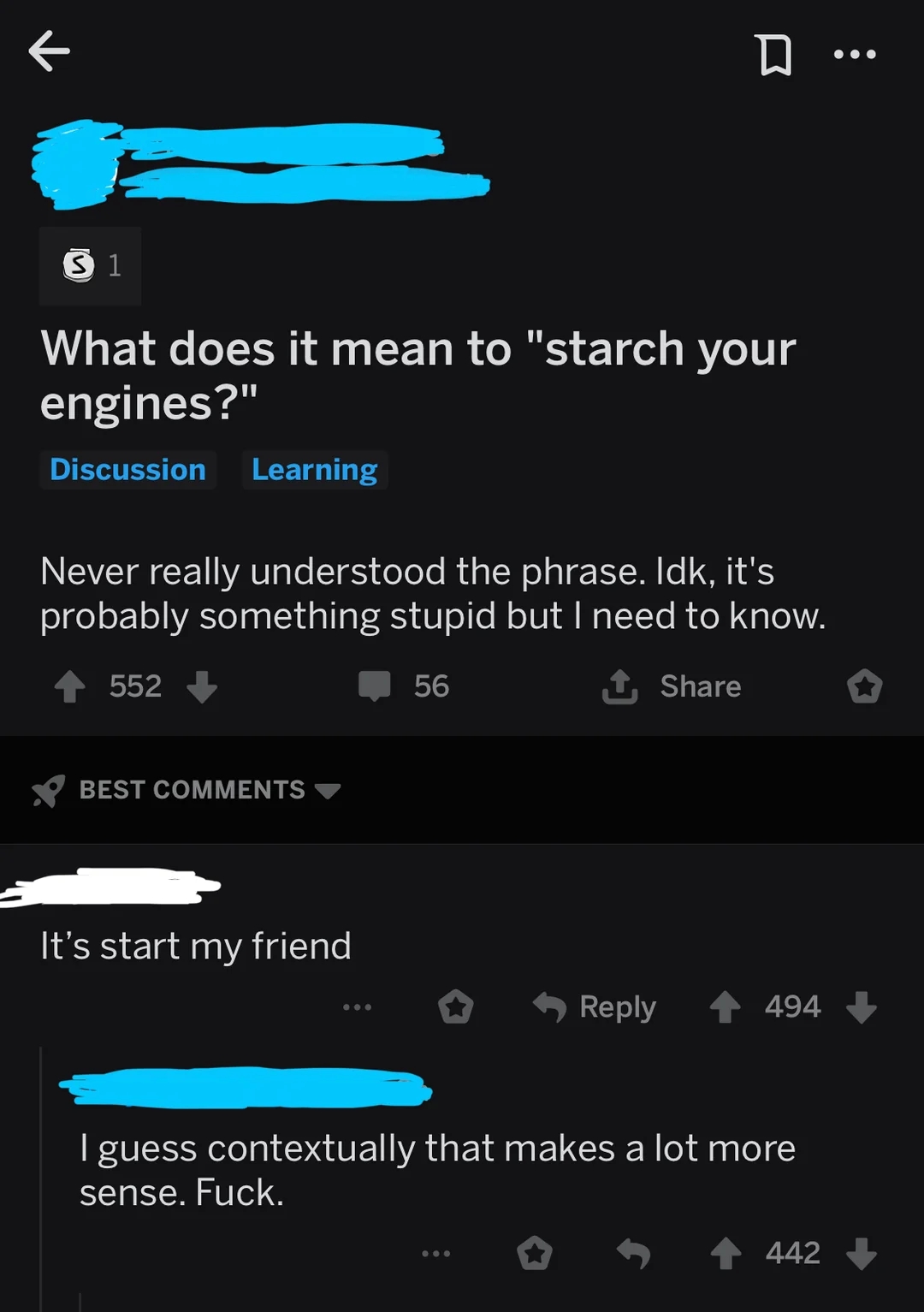 Reddit post asking "What does it mean to 'starch your engines?'" with replies correcting to "start" and acknowledging the mistake