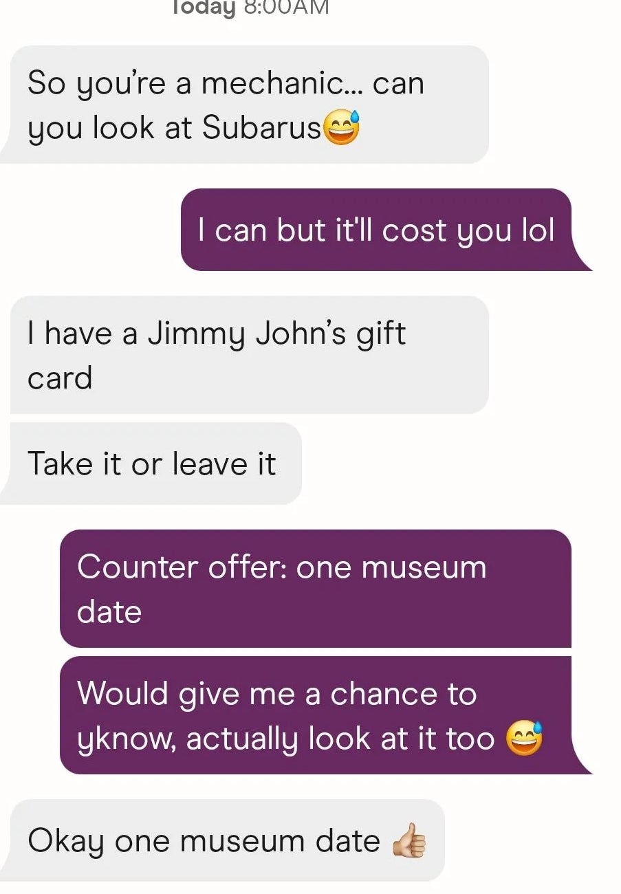 Text conversation jokingly negotiates a mechanic service for a museum date instead of a gift card