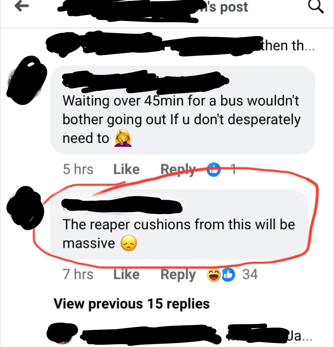 Comment thread discussing long bus wait; a person mentions "reaper cushions" will result, implying severe consequences, with humor