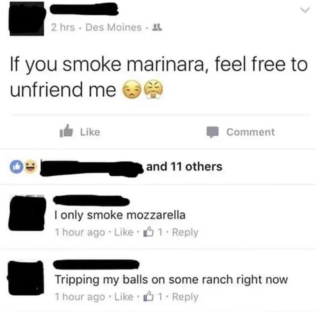 Social media post with a joke about smoking "marinara" and comments jokingly mentioning "mozzarella" and "ranch."