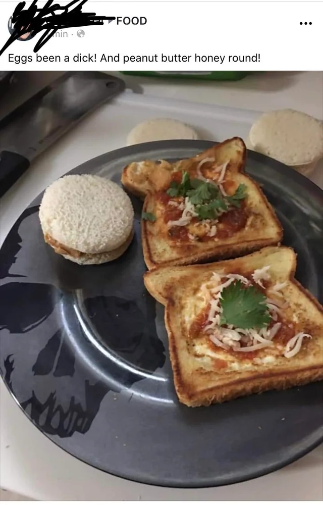 Round sandwich bread and two toast slices with toppings sit on a plate, captioned humorously expressing frustration with eggs