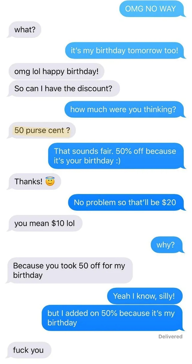 A text conversation where a humorous misunderstanding occurs about a 50% discount for birthdays
