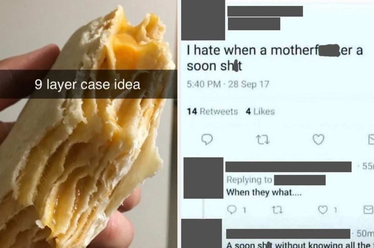 A hand holds a croissant with a text overlay saying "9 layer case idea," next to a social media post about misunderstood phrases