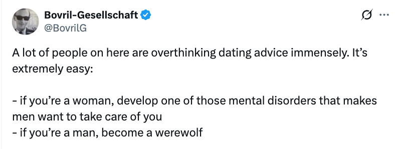 Tweet joke on dating advice: Women should develop a disorder to attract men; men should become werewolves