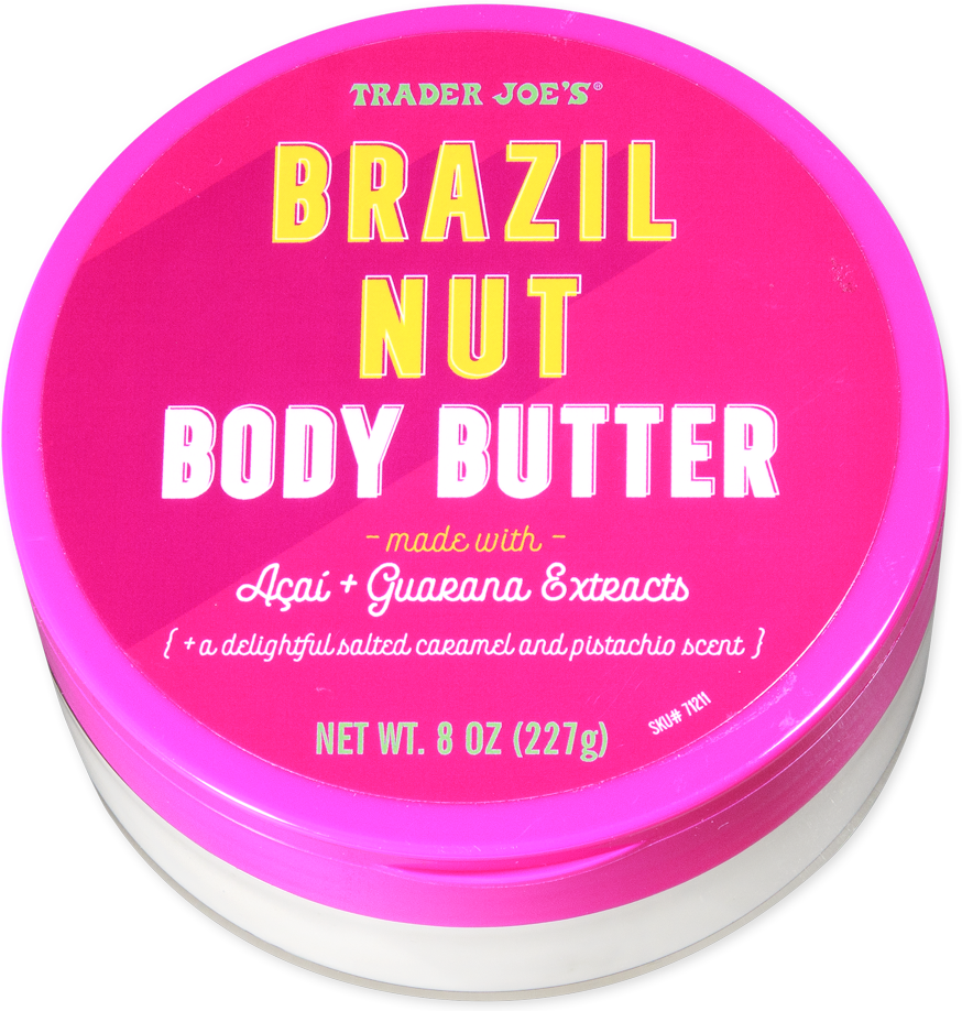 Trader Joe's Brazil Nut Body Butter with açaí and guarana extracts, labeled as a delightful salted caramel and pistachio scent. 8 oz container