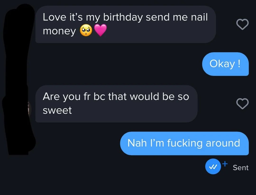 Text conversation about one person's birthday requesting money for nails playfully, followed by a humorous response