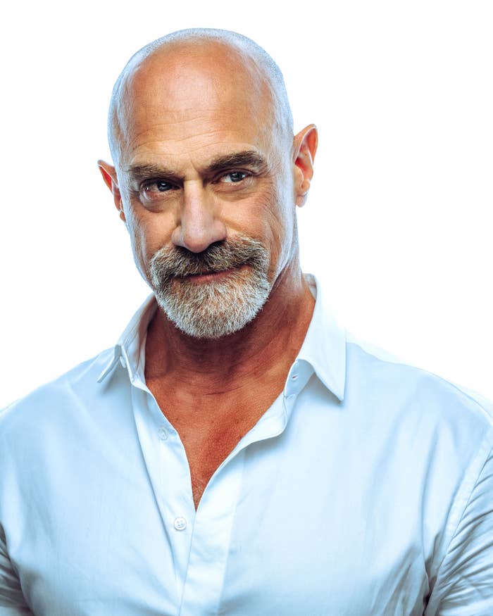 Chris Meloni poses against a plain backdrop with a bald head and graying beard wearing a white shirt