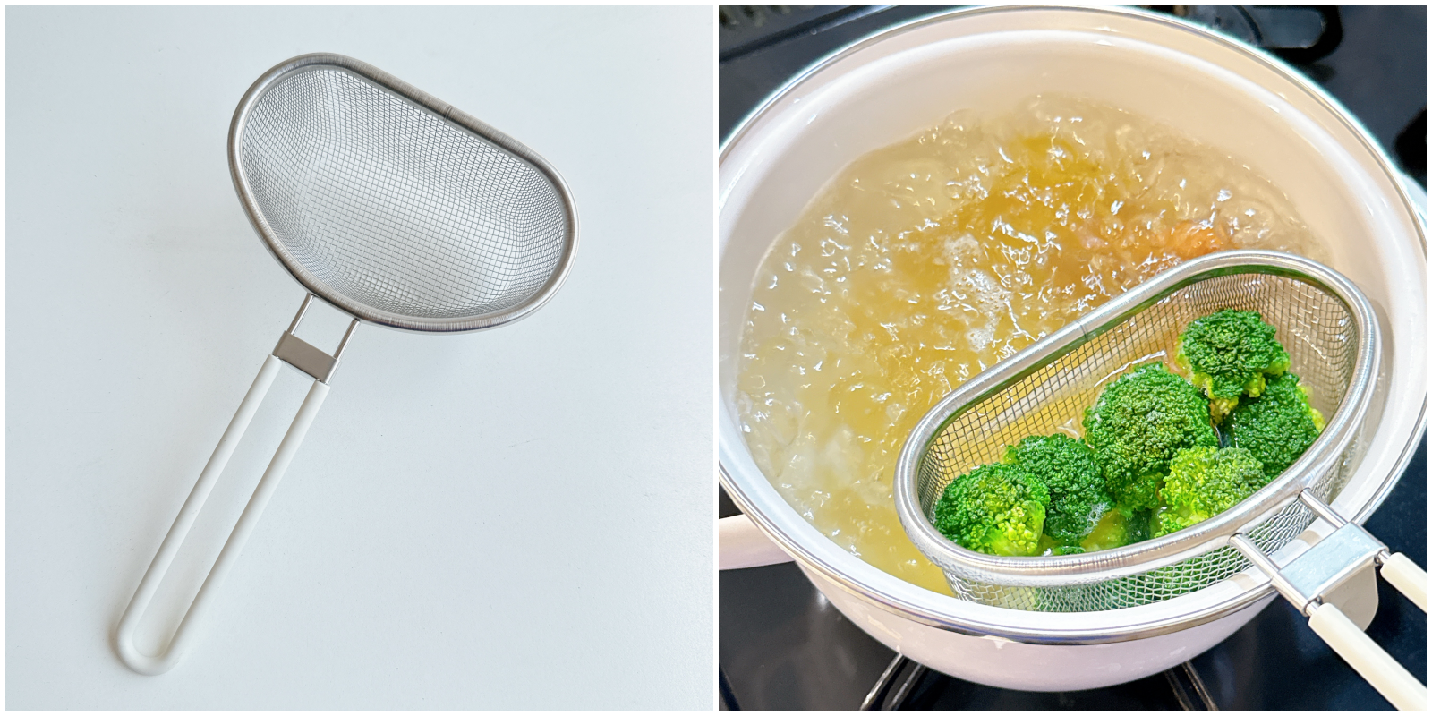 左側は手持ちのメッシュスコップ、右側は茹でるブロッコリーを安全に入れるための同じスコップが鍋に使用されている。