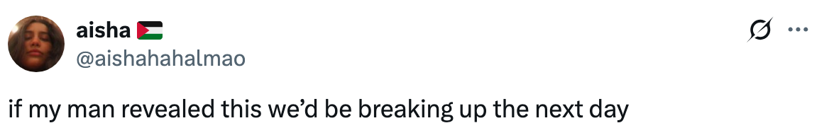 Tweet by user Aisha expressing a humorous sentiment about breaking up after a partner's revelation