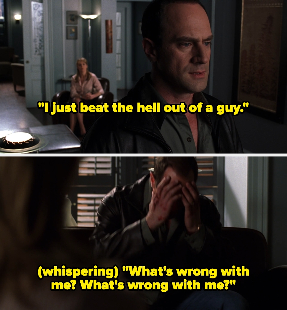 Chris looks distressed in character as Detective Stabler, wearing a leather jacket and holding his head. Overlay text: "I just beat the hell out of a guy. What's wrong with me?"