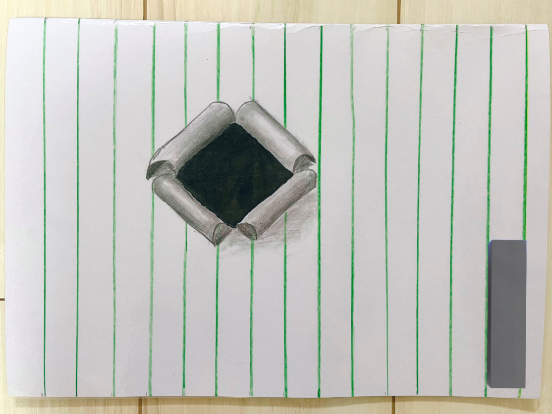 ノートに穴が開いたようなトリックアート / pekepom(@peke_pom)さんのXより