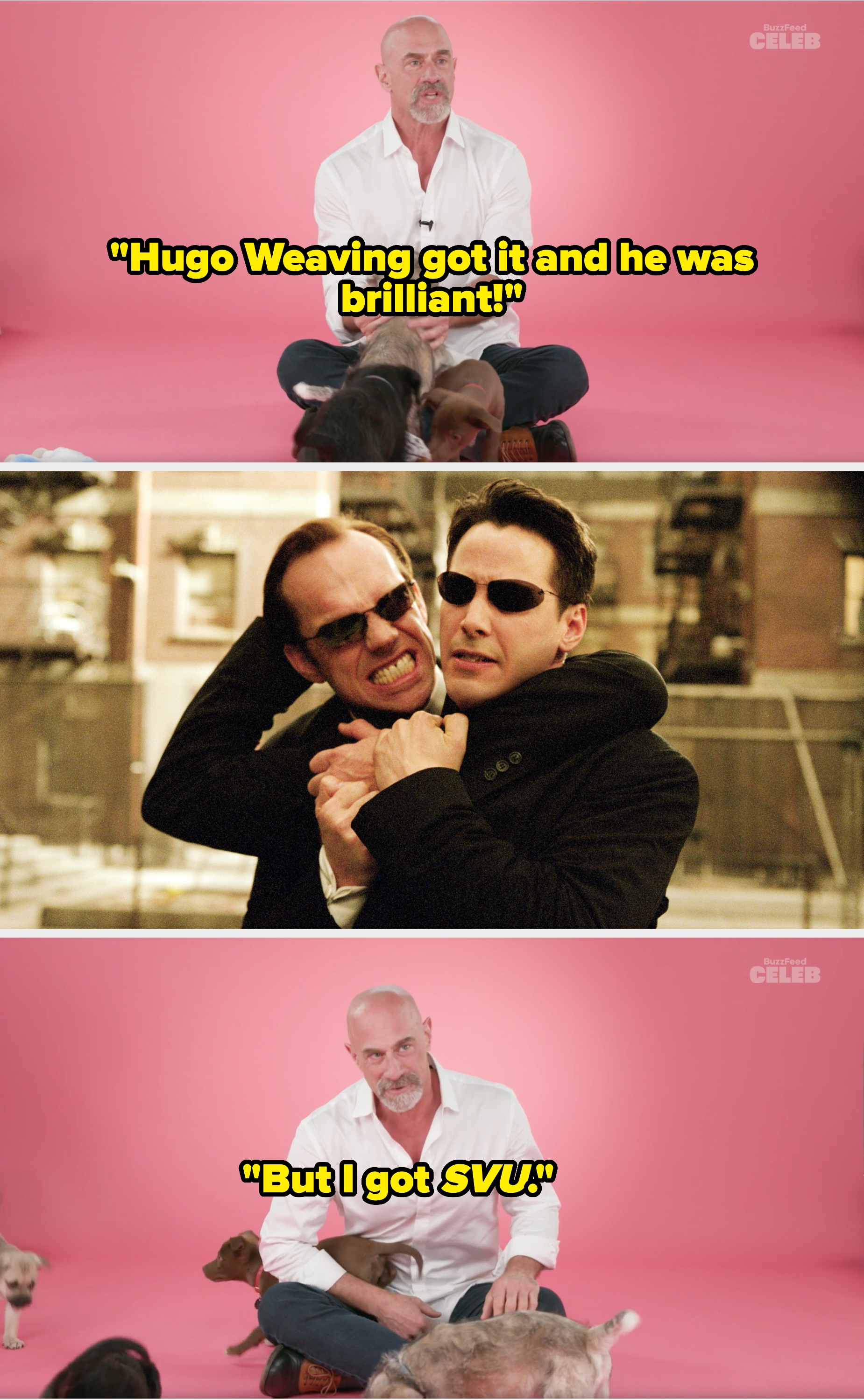 Chris sitting with puppies; scene of Hugo Weaving and John Wick in character in The Matrix