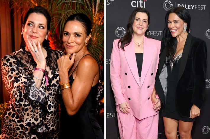 Simone and Melanie posing together in stylish outfits at events; one in a pink suit, the other in a black dress with embellishments