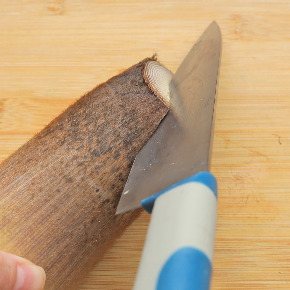 竹の子を斜めに切っている様子。