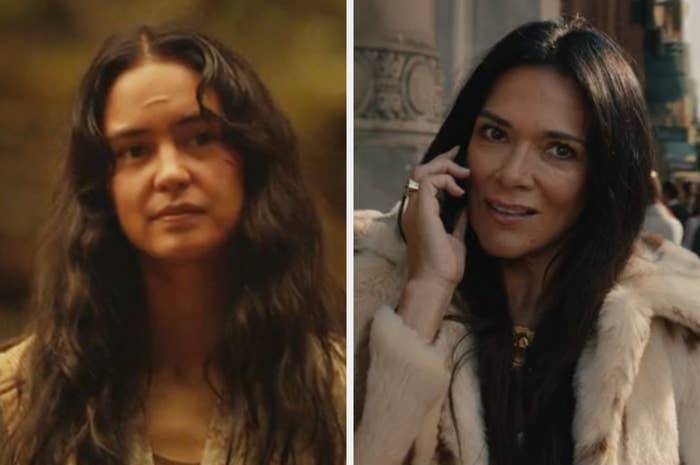 Two images of a woman with long dark hair. Left: Casual, natural look. Right: Dressed in a plush coat, talking on the phone, looks sophisticated