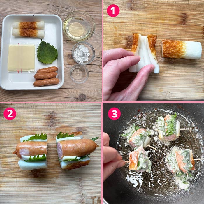 ちくわとウインナーの大葉巻きの調理プロセス。ちくわを切り、大葉とウインナーを挟み、衣をつけて揚げている。