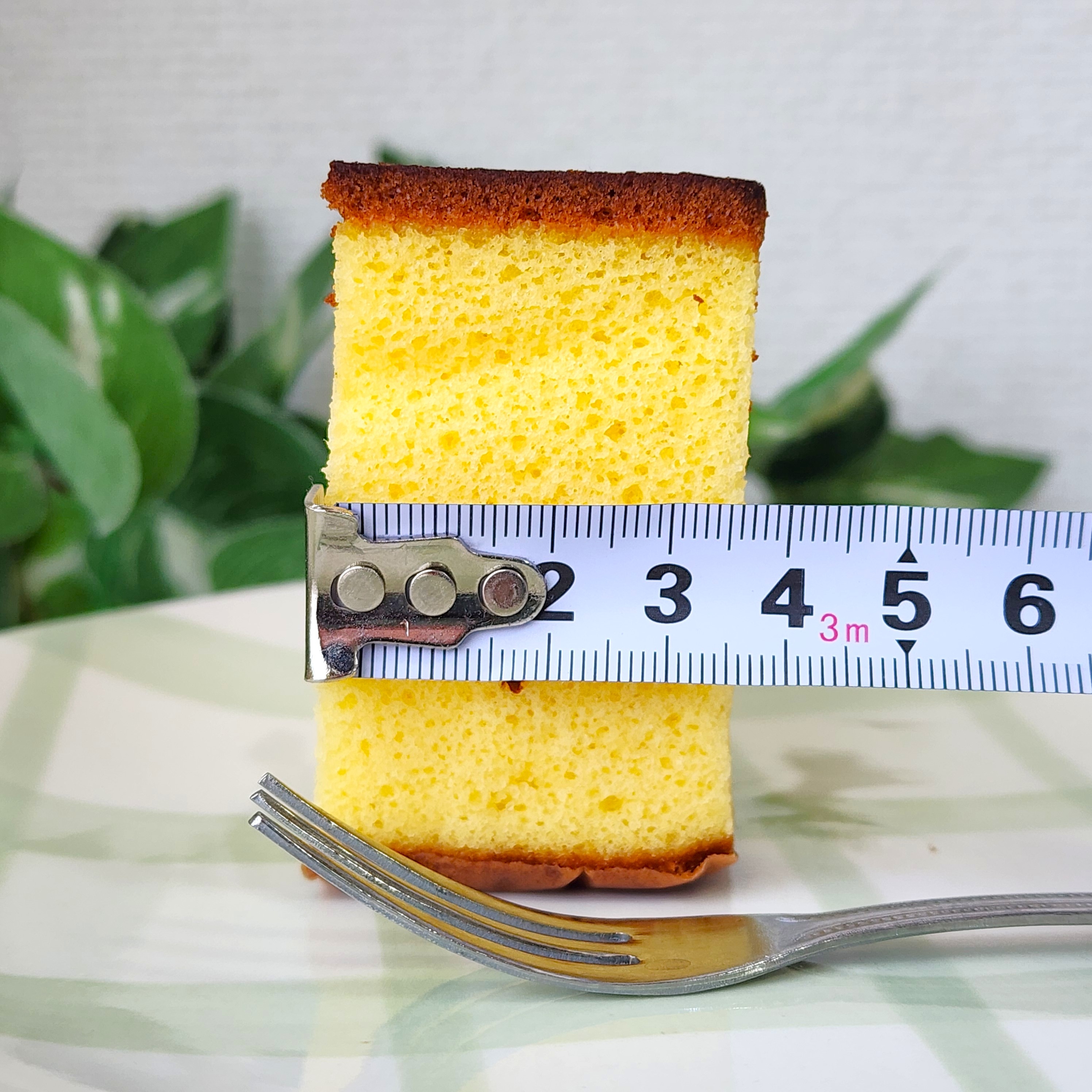 ケーキの厚さを測るため、巻尺で計測されているスポンジケーキの断面。隣にフォークが置かれている。