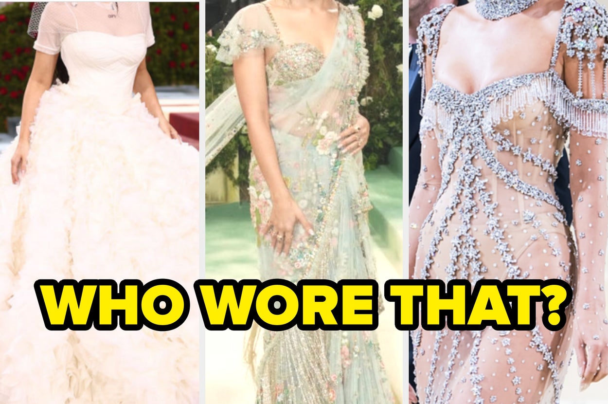 Three elegant dresses featured with bold text "WHO WORE THAT?" written across