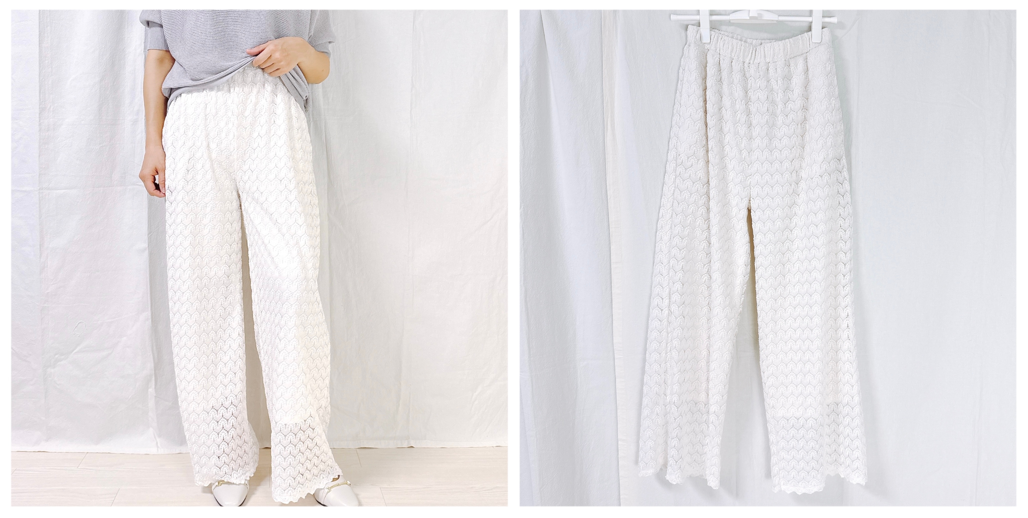 Wide-leg textured pants displayed, worn by a person in a casual top on the left and hanging on a hanger on the right