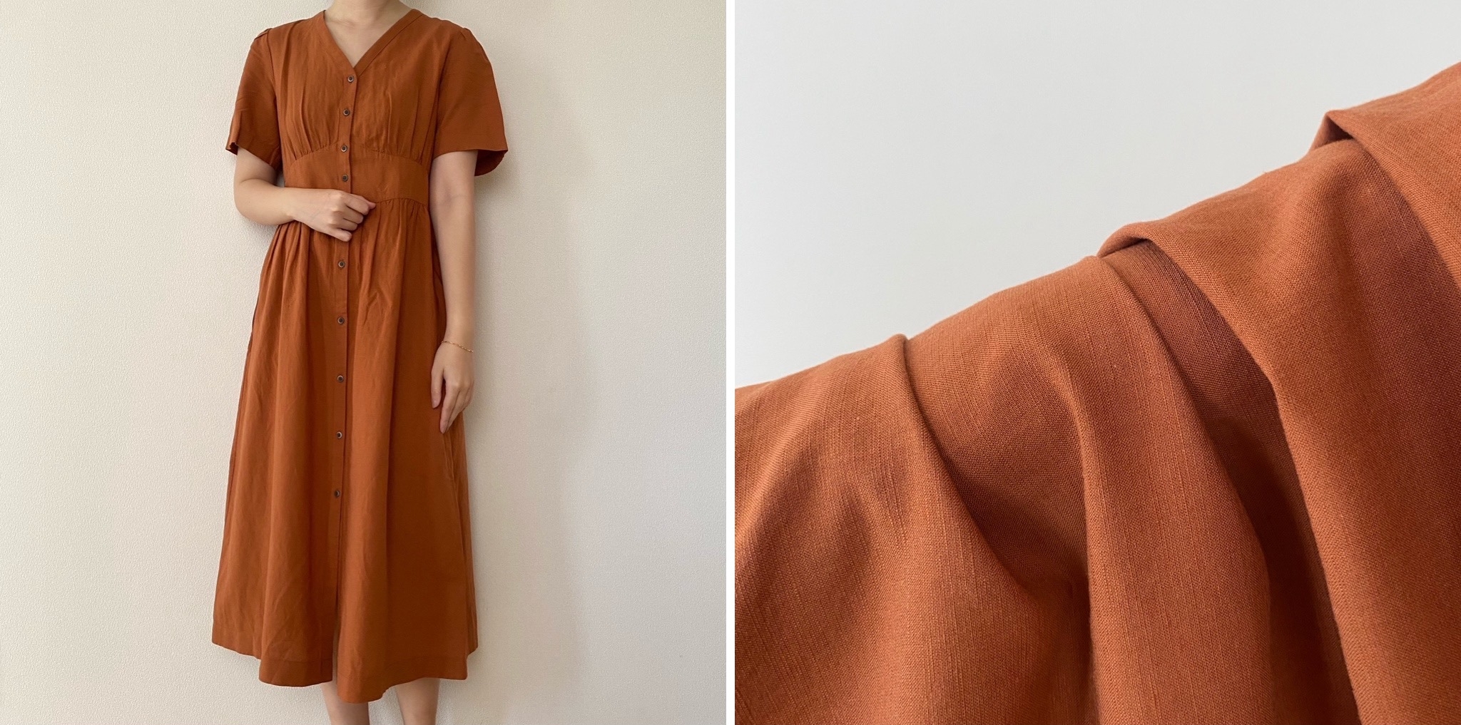 Person in a knee-length dress with a button-up front and short sleeves, standing against a plain backdrop. Close-up shows fabric texture