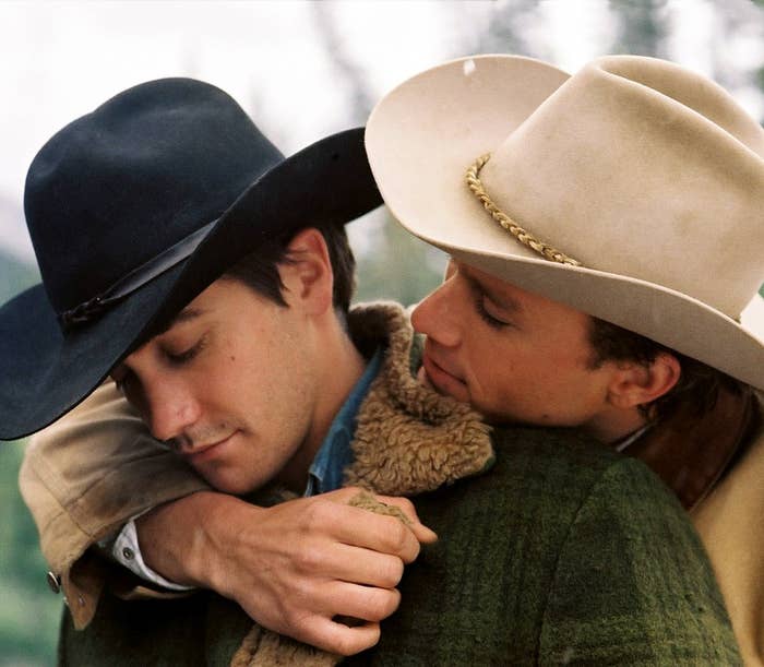 Heath Ledger embracing Jake Gyllenhaal in a scene from "Brokeback Mountain"