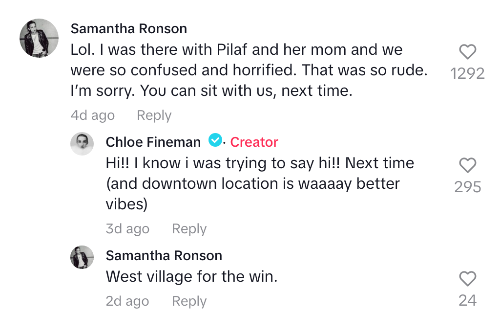Samantha Ronson apologizes, inviting someone to join next time. Chloe Fineman replies, praising a location's vibe. Ronson supports West Village