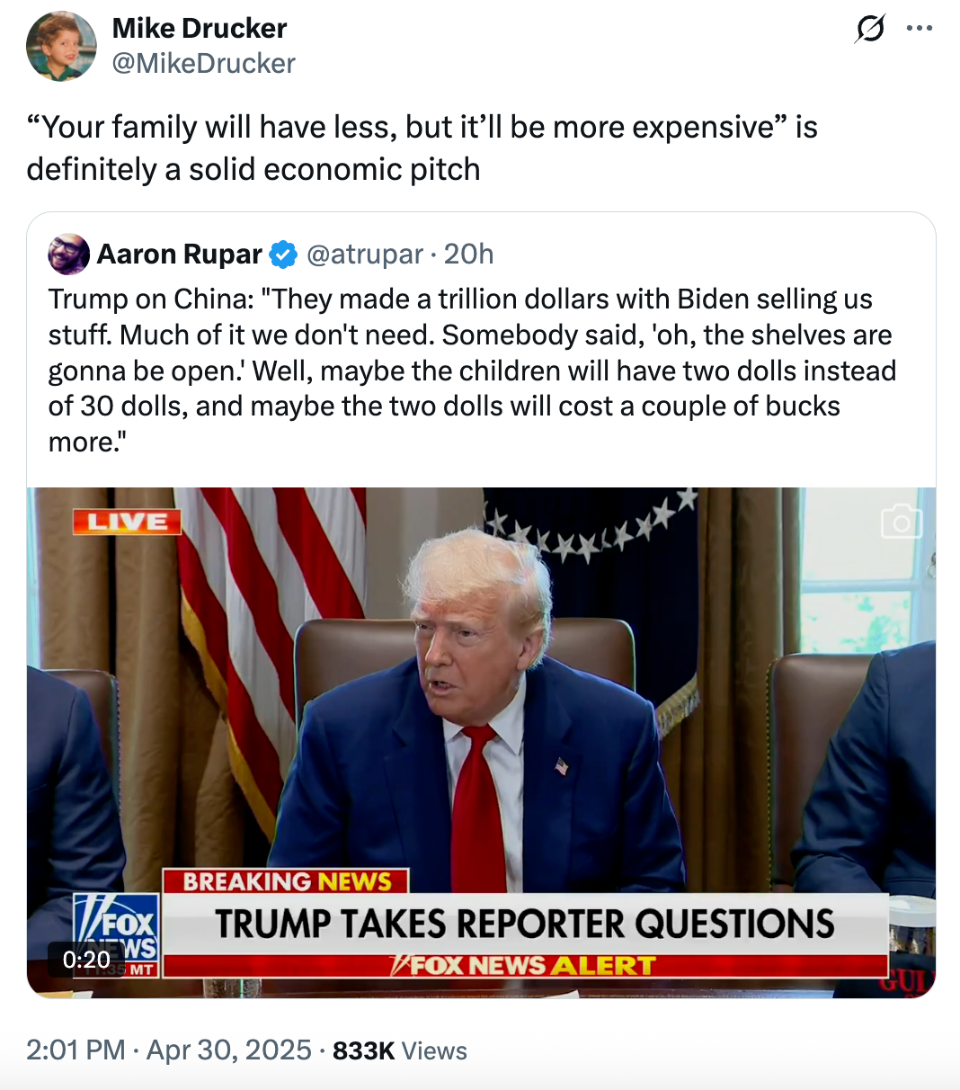 Tweet by Mike Drucker: "Your family will have less, but it'll be more expensive" is definitely a solid economic pitch. Includes screenshot of Trump speaking