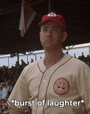 A baseball player in a vintage uniform stands in a stadium, with the text "<em>burst of laughter</em>" written on the screen