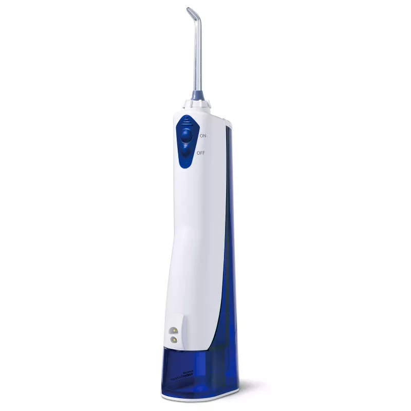 Handheld water flosser with a sleek design and ergonomic grip, featuring an on/off switch and a narrow nozzle for precise dental care
