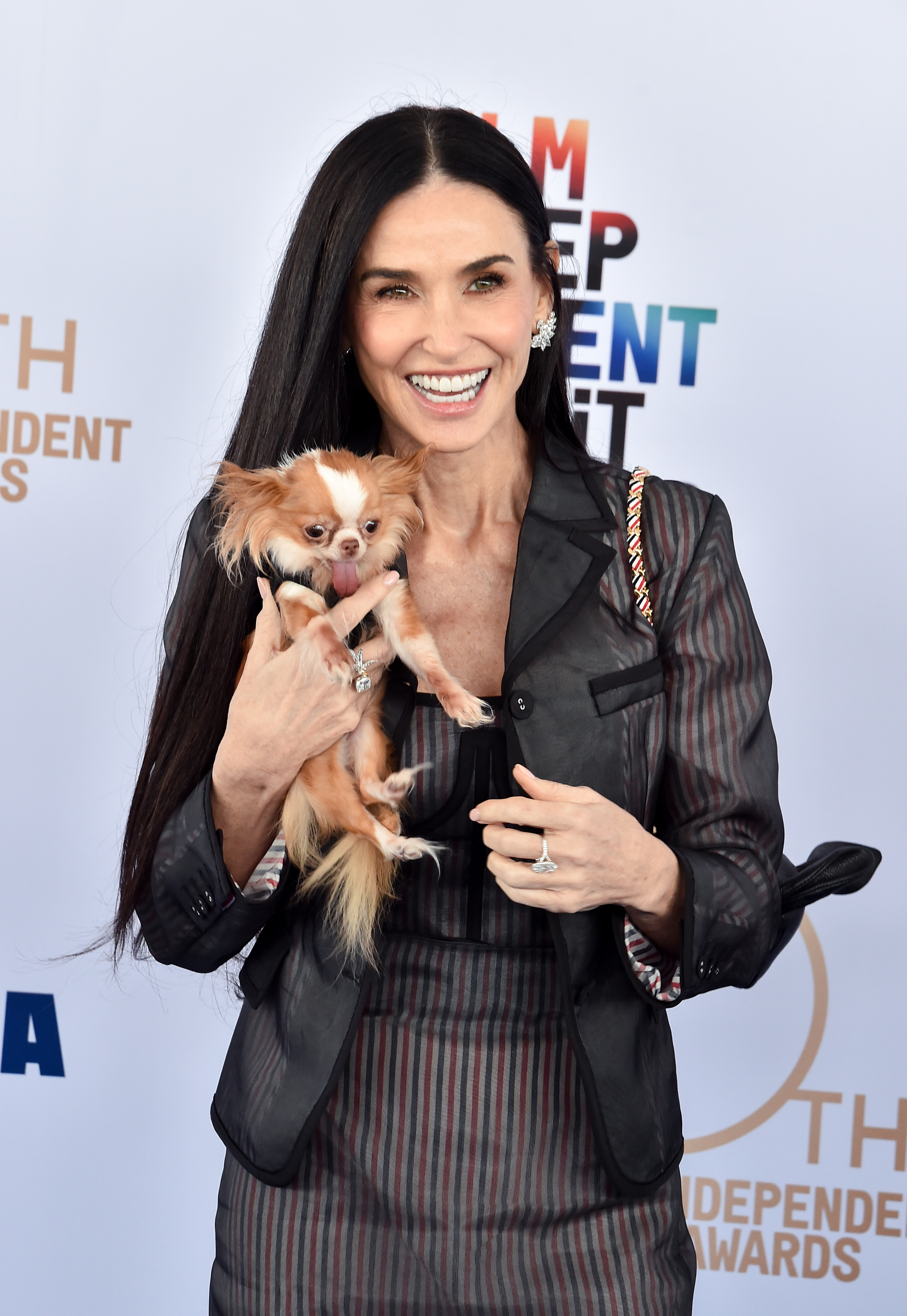 A person poses on a red carpet, wearing a striped suit, smiling, and holding a small dog
