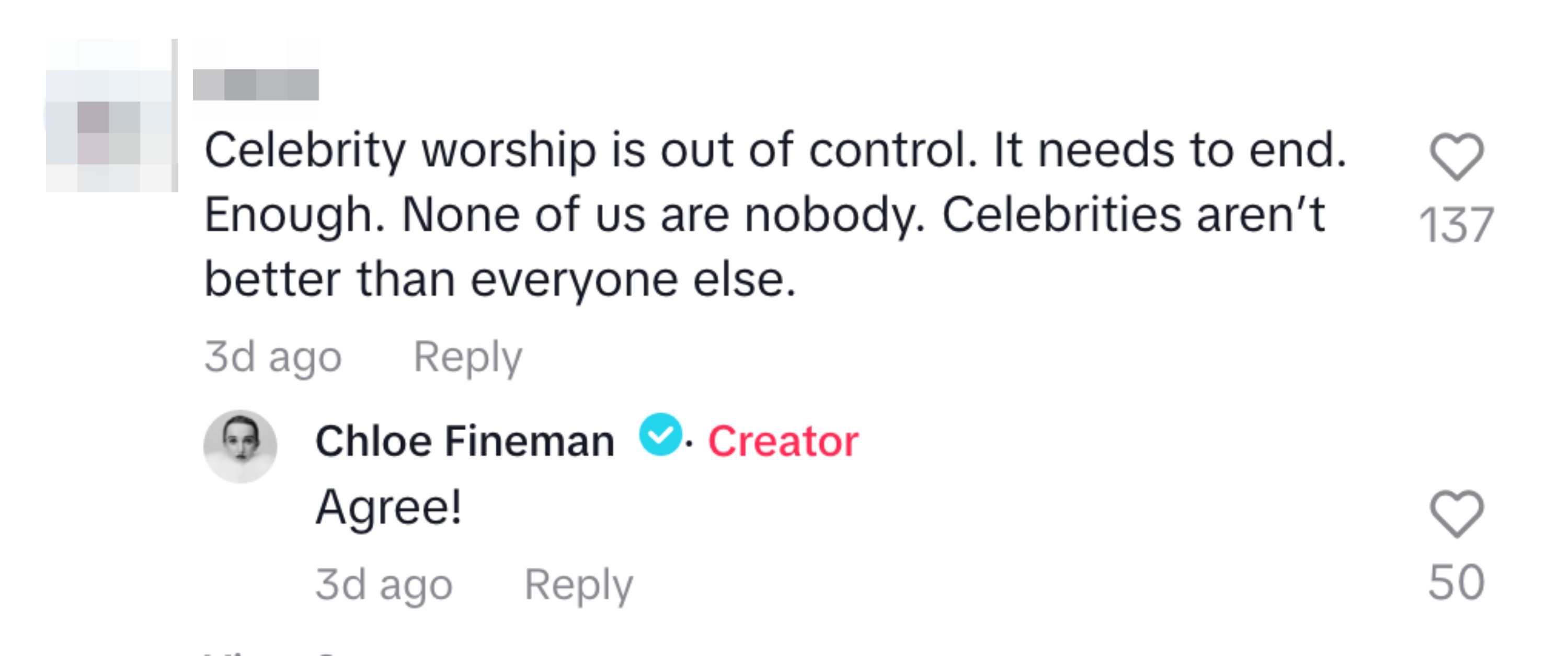 Comment thread: Carol says celebrity worship is excessive and needs to stop. Chloe Fineman agrees
