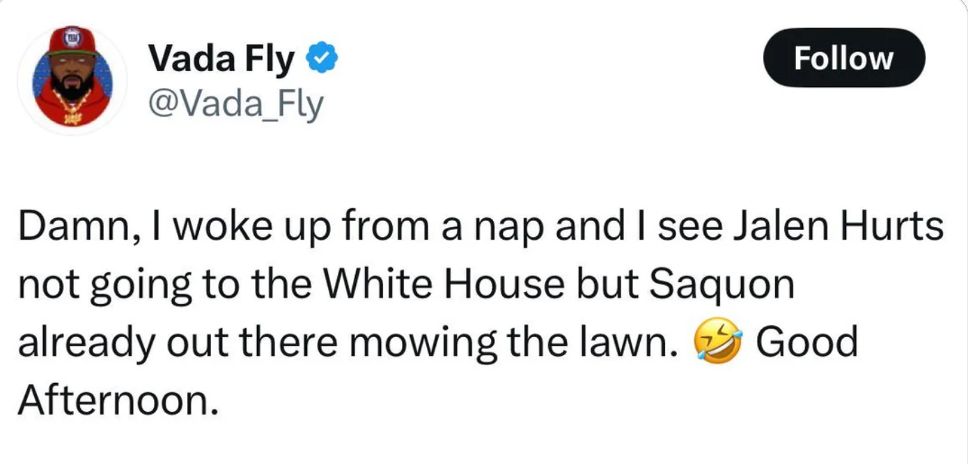 Tweet humorously contrasts Jalen Hurts not visiting the White House with Saquon mowing a lawn