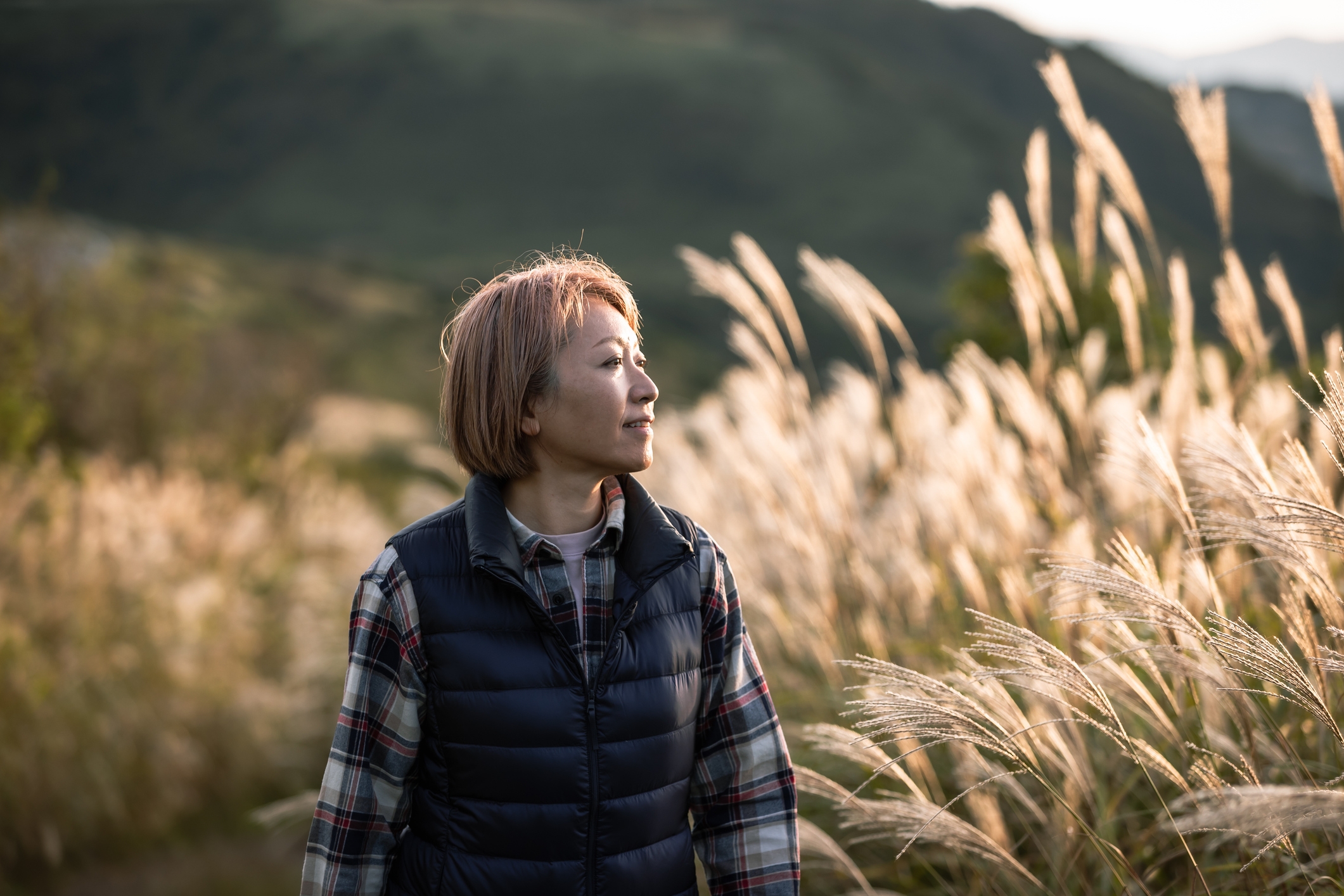 A person walks through a field of tall grass, looking content, with mountains in the background, wearing a puffer vest over a plaid shirt