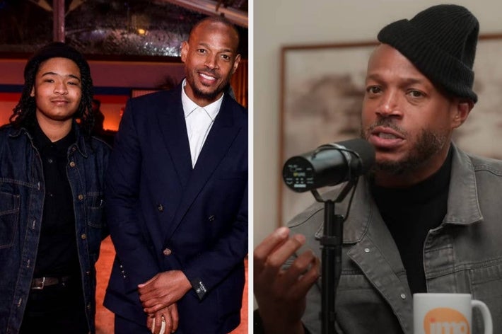 Two men posing on the left, one in a casual jacket, the other in a suit. On the right, a man speaks into a microphone, wearing a beanie